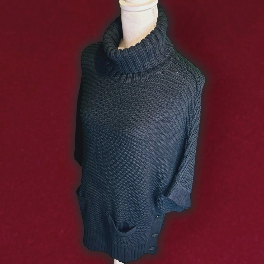 NWT J. Crew Black Cotton / Wool Blend Side Button ‘Turtleneck Poncho’ Size XS
